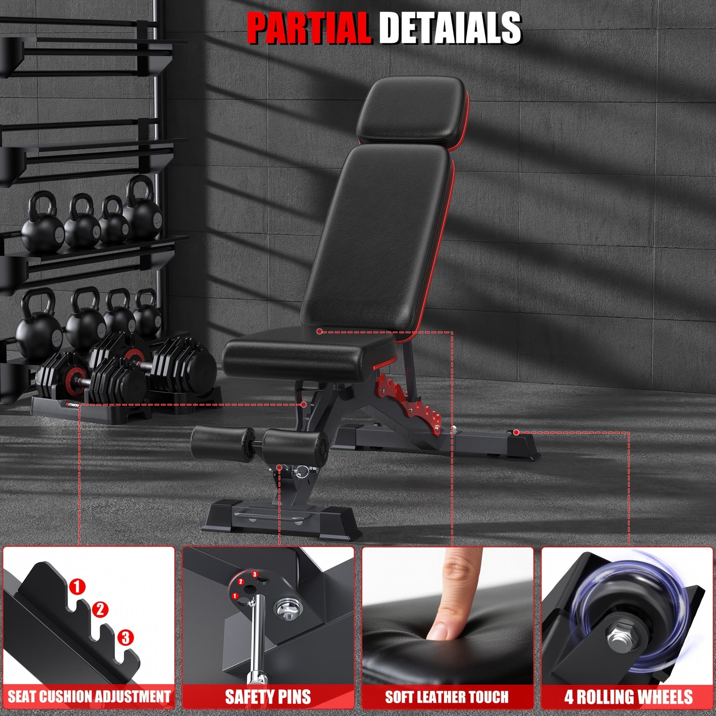 Black weight bench with detailed features highlighted on a gray background