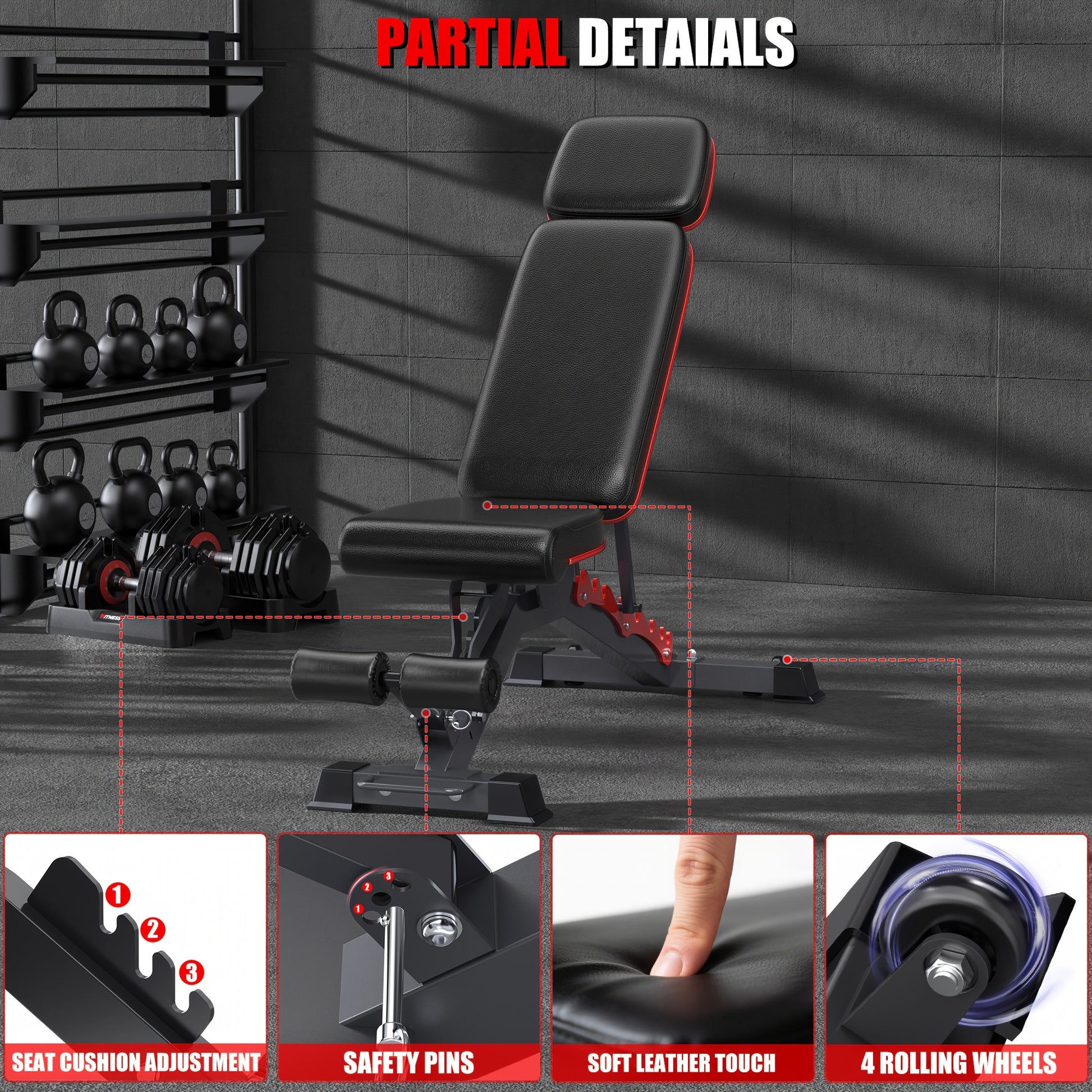 Black weight bench with detailed features highlighted on a gray background