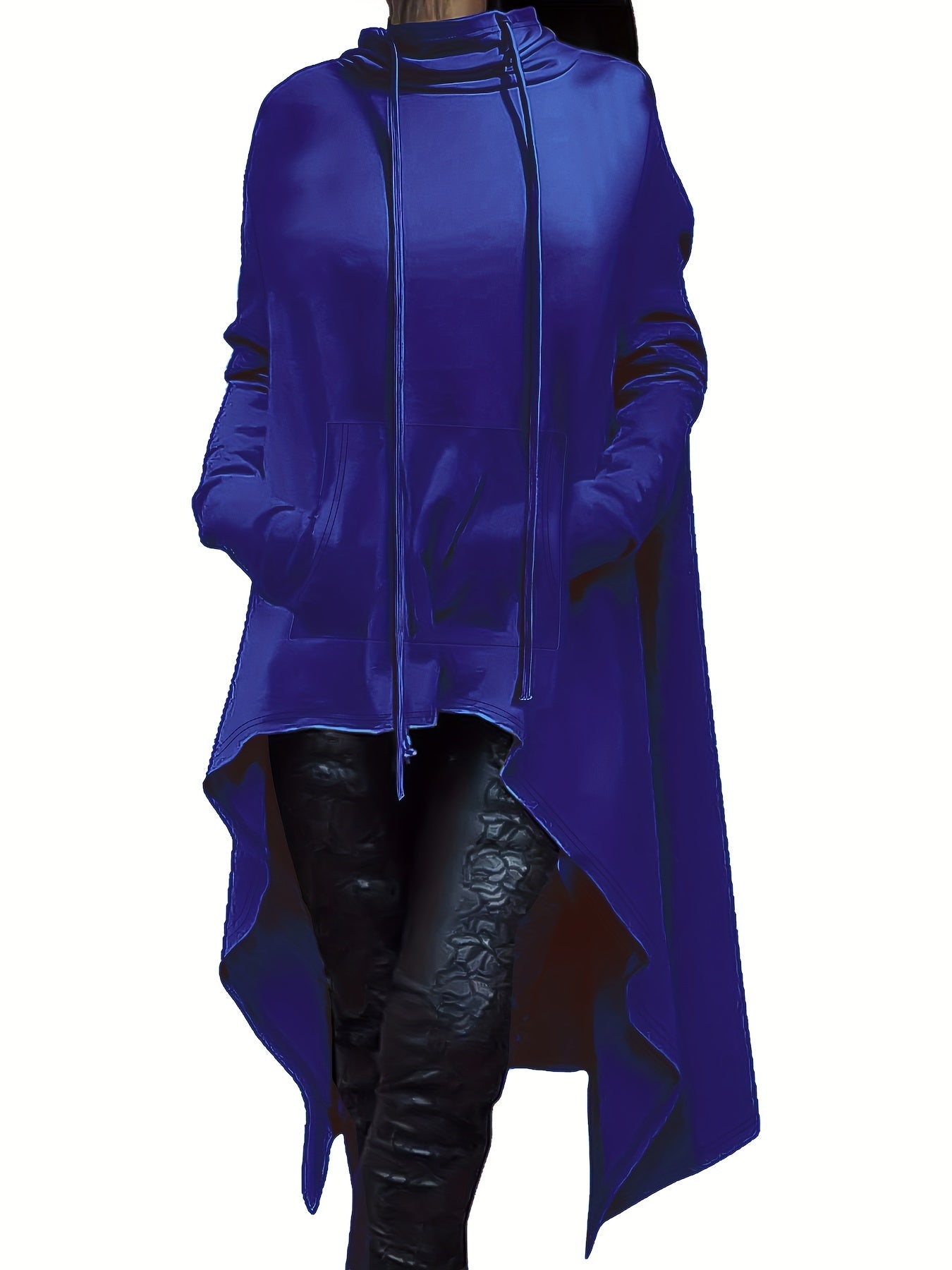 A woman wearing a navy blue women’s oversized hoodie sold by 100 Spartans