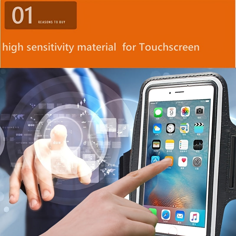 Phone holder for running​ with touchscreen protection material and hand interacting with a digital interface