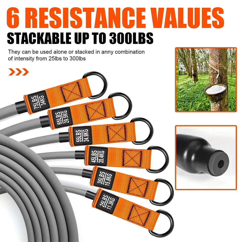 Resistance bands with labeled weight capacities and a tree branch with a bucket in the background.