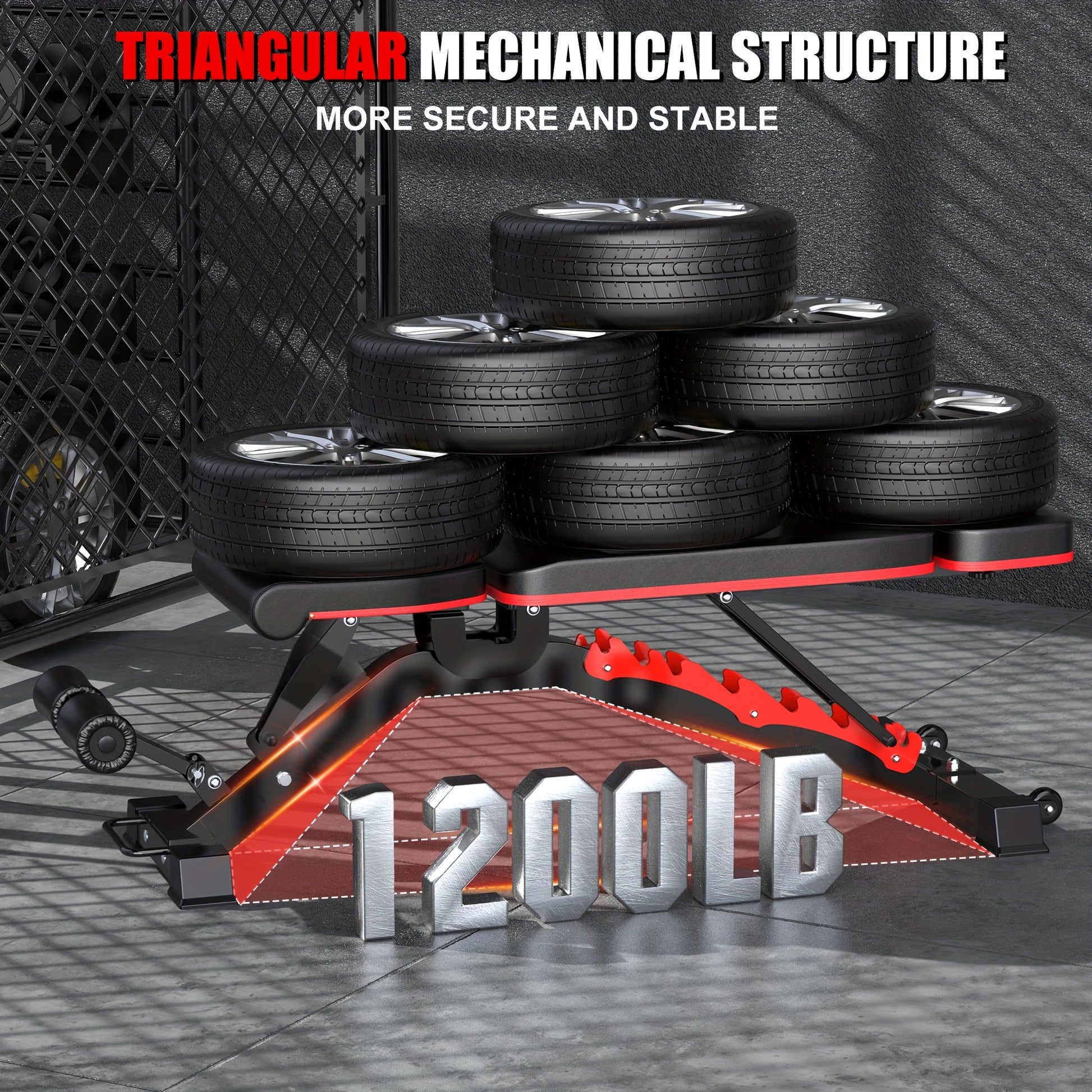 Mechanical tires on a adjustable weight bench with '1200LB' capacity on a gray background