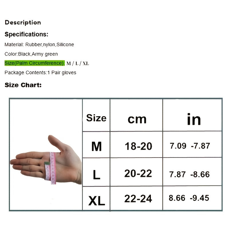 Size chart for workout gloves with measurement conversion from palm circumference to cm and in.