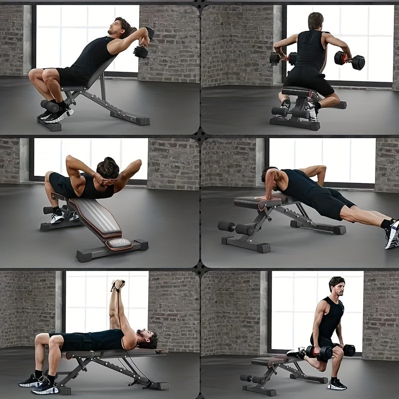Man performing various bench press exercises with dumbbells in a room with brick walls and large windows.