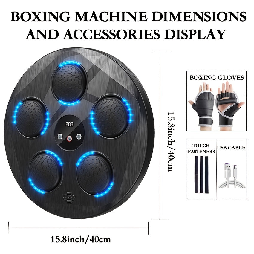 Black boxing music machine with blue lights and dimensions displayed, including accessories like boxing gloves and a USB cable.
