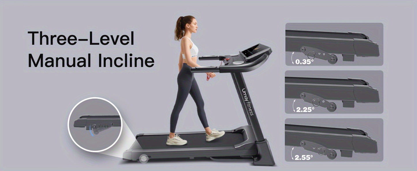 Woman using a Umay treadmill with three-level manual incline feature on a gray background