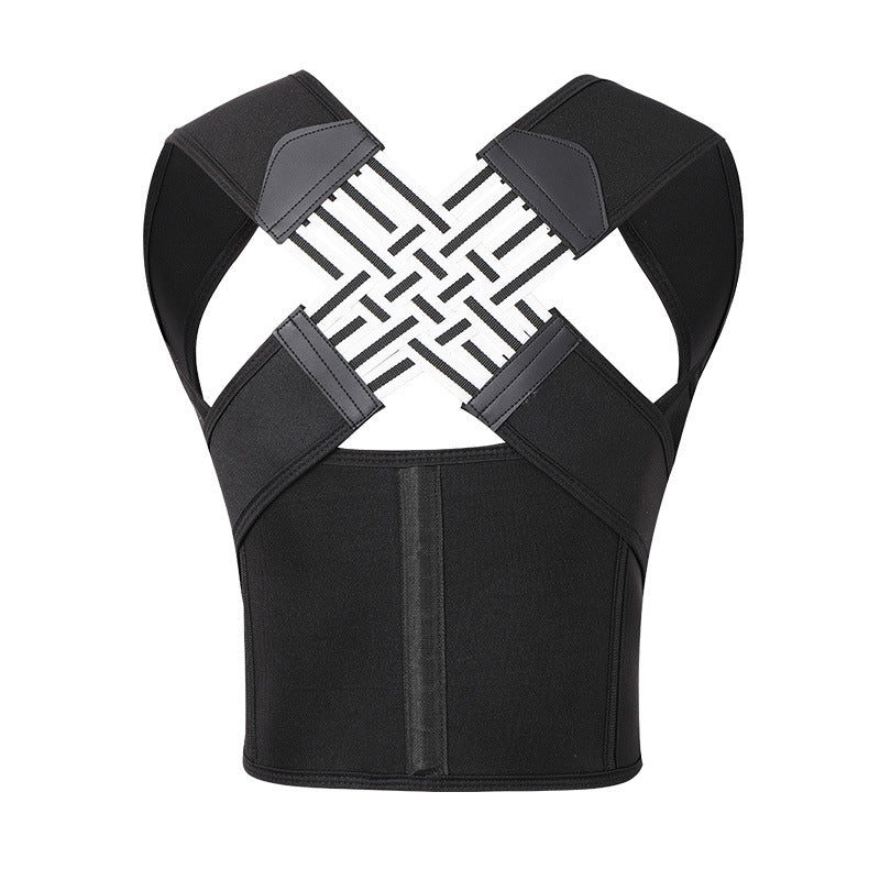 Black posture corrector back brace with supportive straps and a crisscross back design, shown on a plain white background.