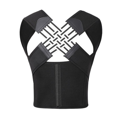 Black posture corrector back brace with supportive straps and a crisscross back design, shown on a plain white background.