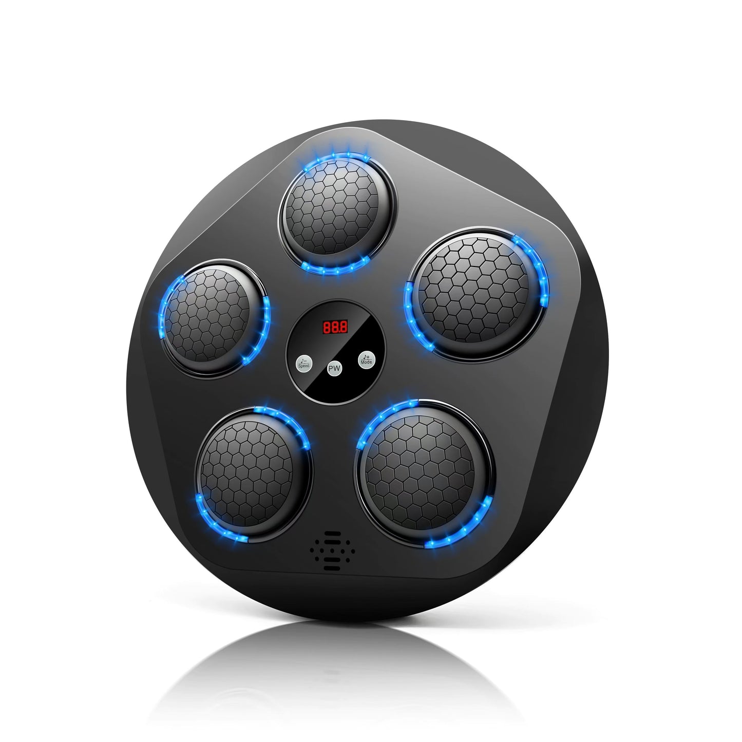 Black boxing music machine with blue lights on a white background