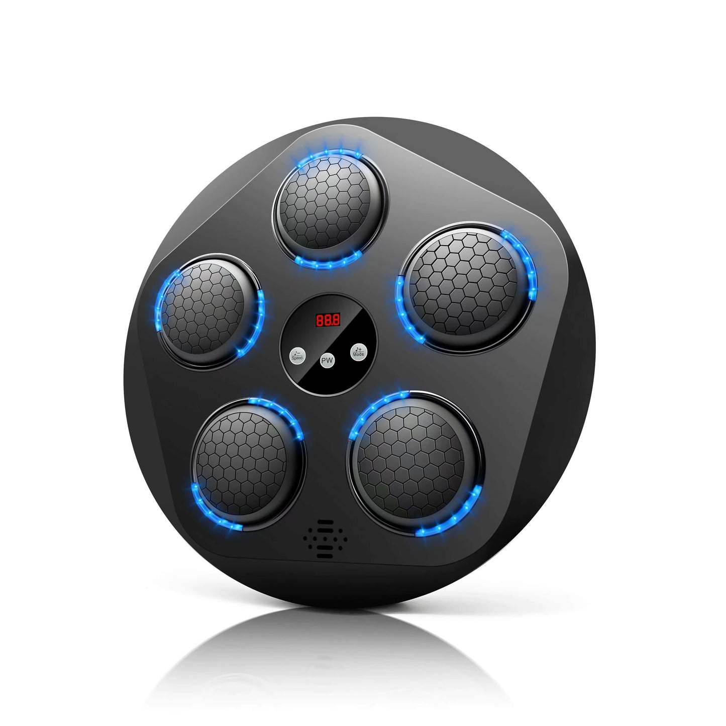 Black boxing music machine with blue lights on a white background