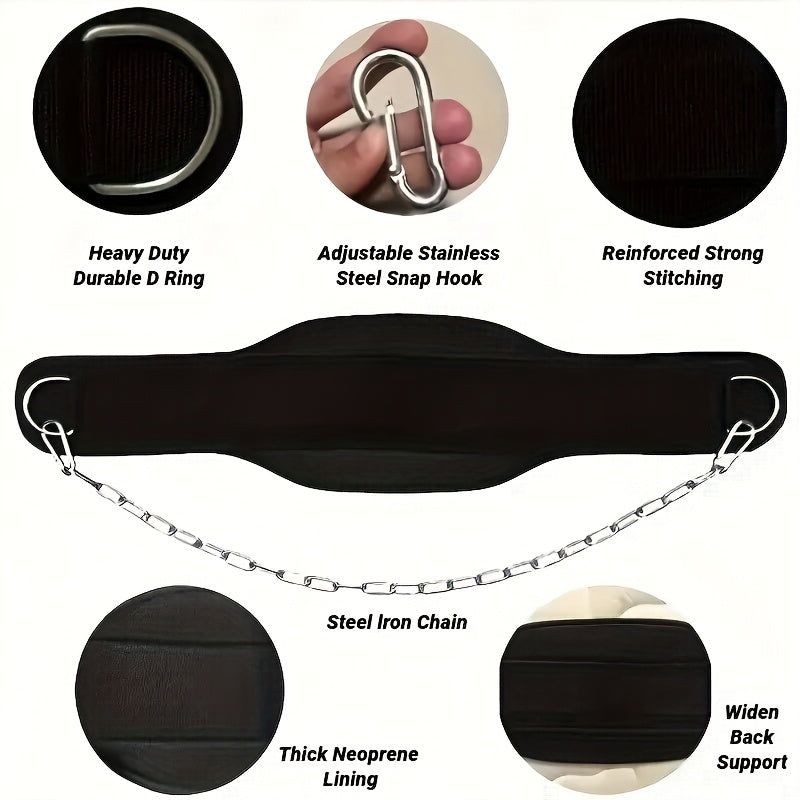 Black weighted dip belt with features highlighted on a white background