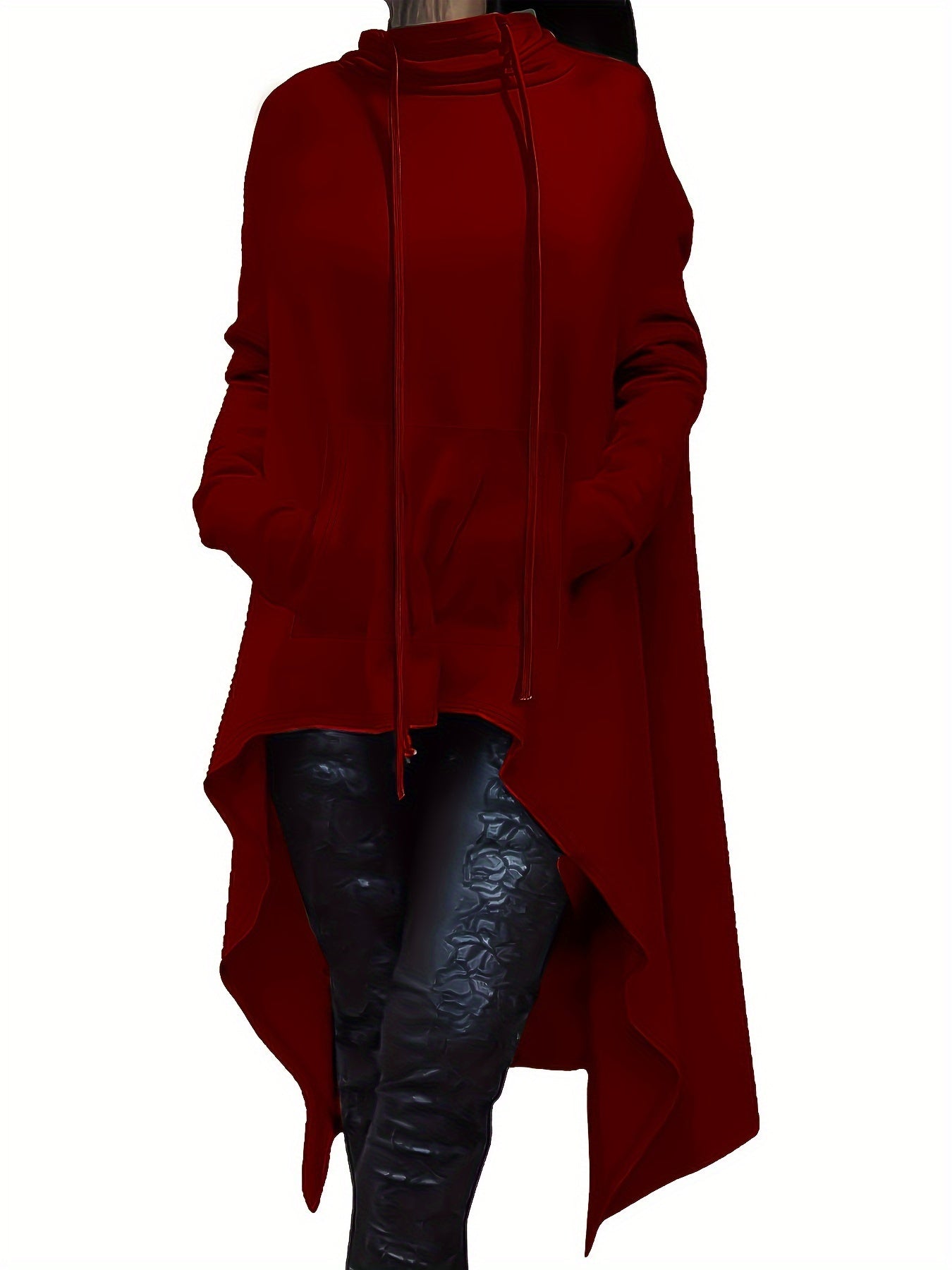 A woman wearing a red women’s oversized hoodie sold by 100 Spartans