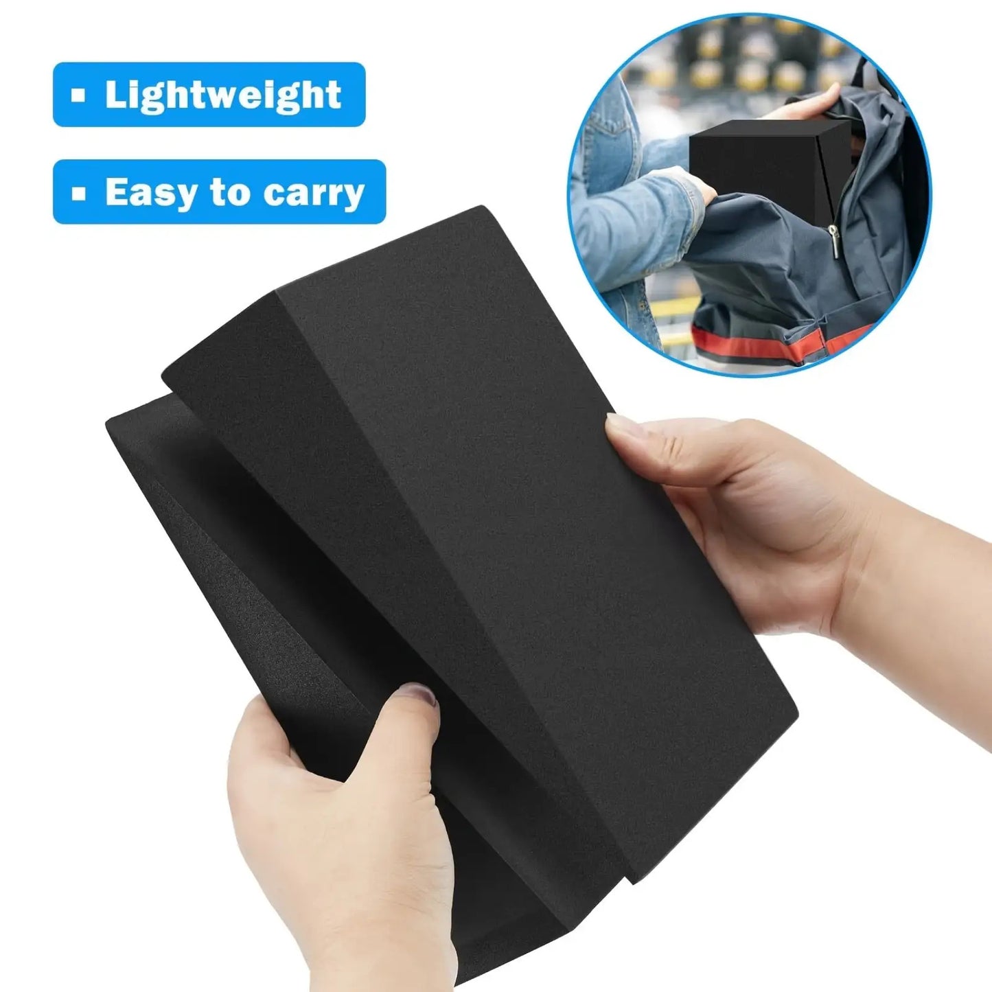 Black squat wedge blocks held by hands with text 'Lightweight' and 'Easy to carry' on a white background.