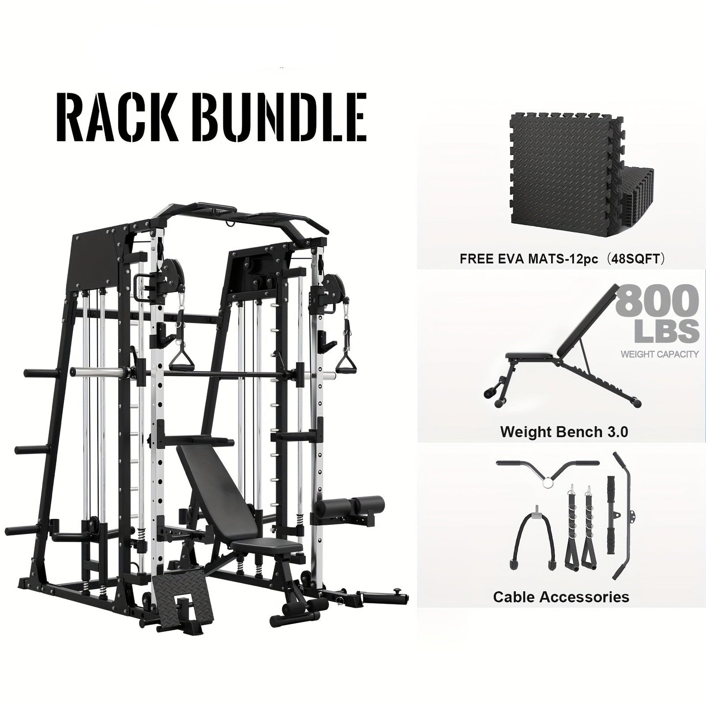 Smith machine bundle with weight bench, cable accessories, and free EVA mats on a white background.