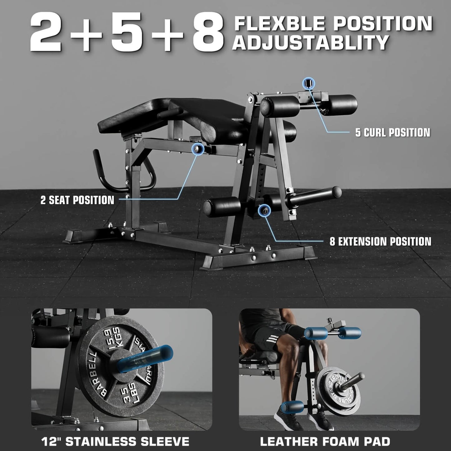 Leg exercise machine with adjustable positions and fitness accessories on a dark floor.