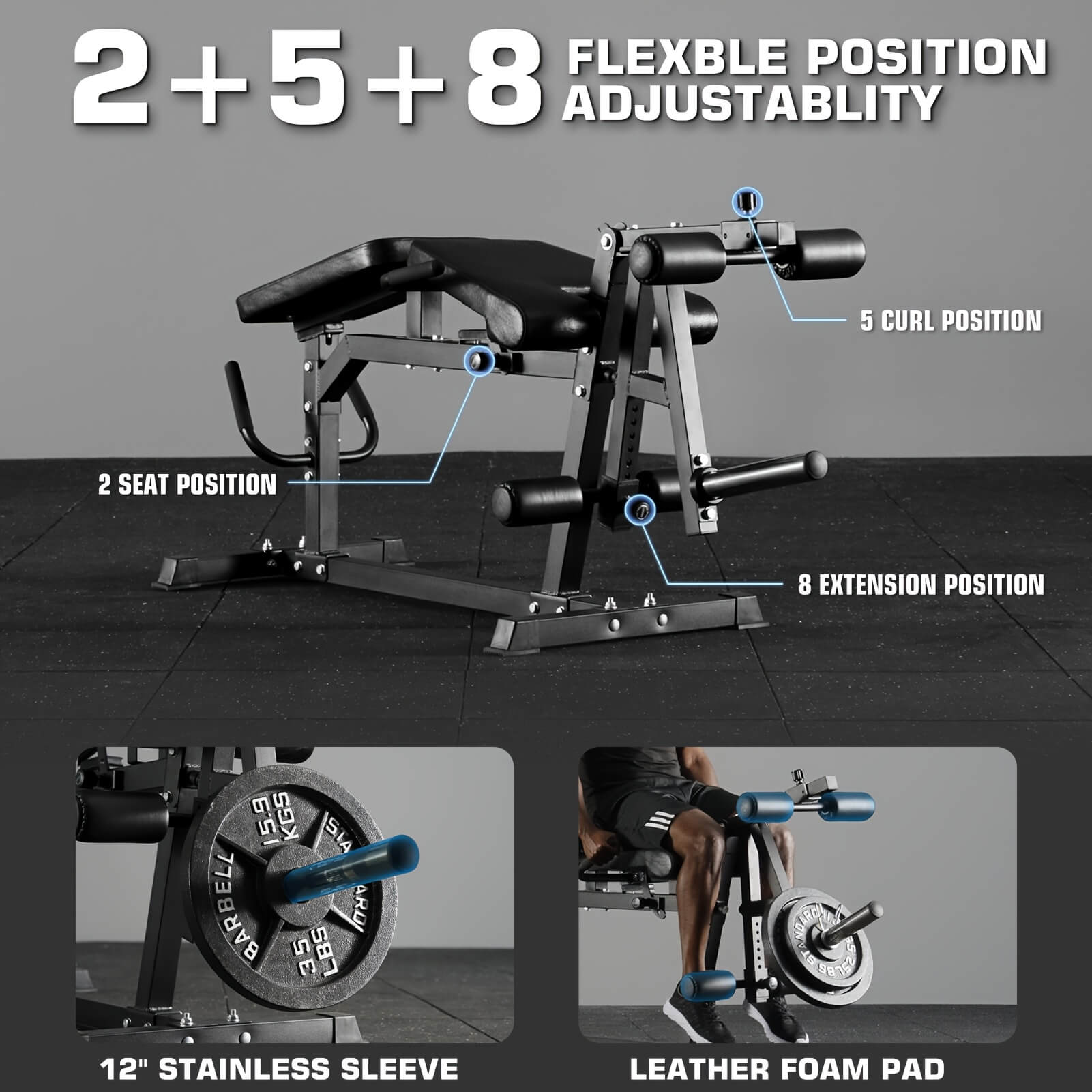 Leg exercise machine with adjustable positions and fitness accessories on a dark floor.