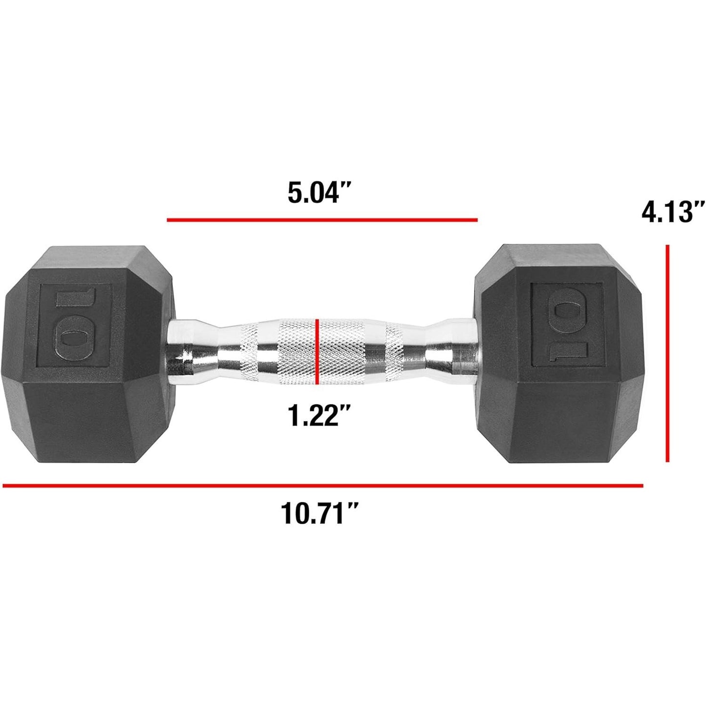 Hexagonal dumbbell with measurements on a white background