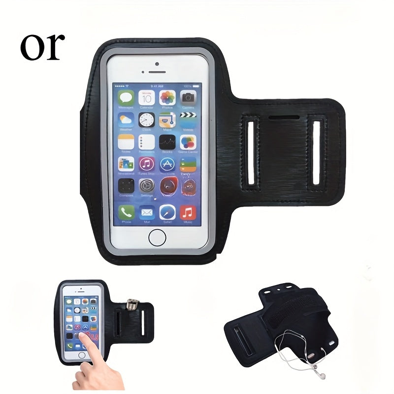 Black phone holder for running with smartphone displaying app icons on a white background