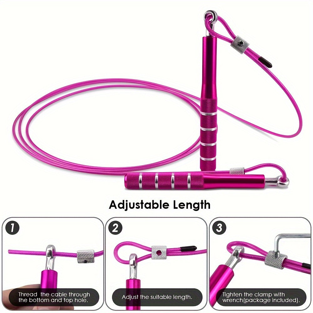 Pink adjustable skipping rope with adjustable length feature on a white background
