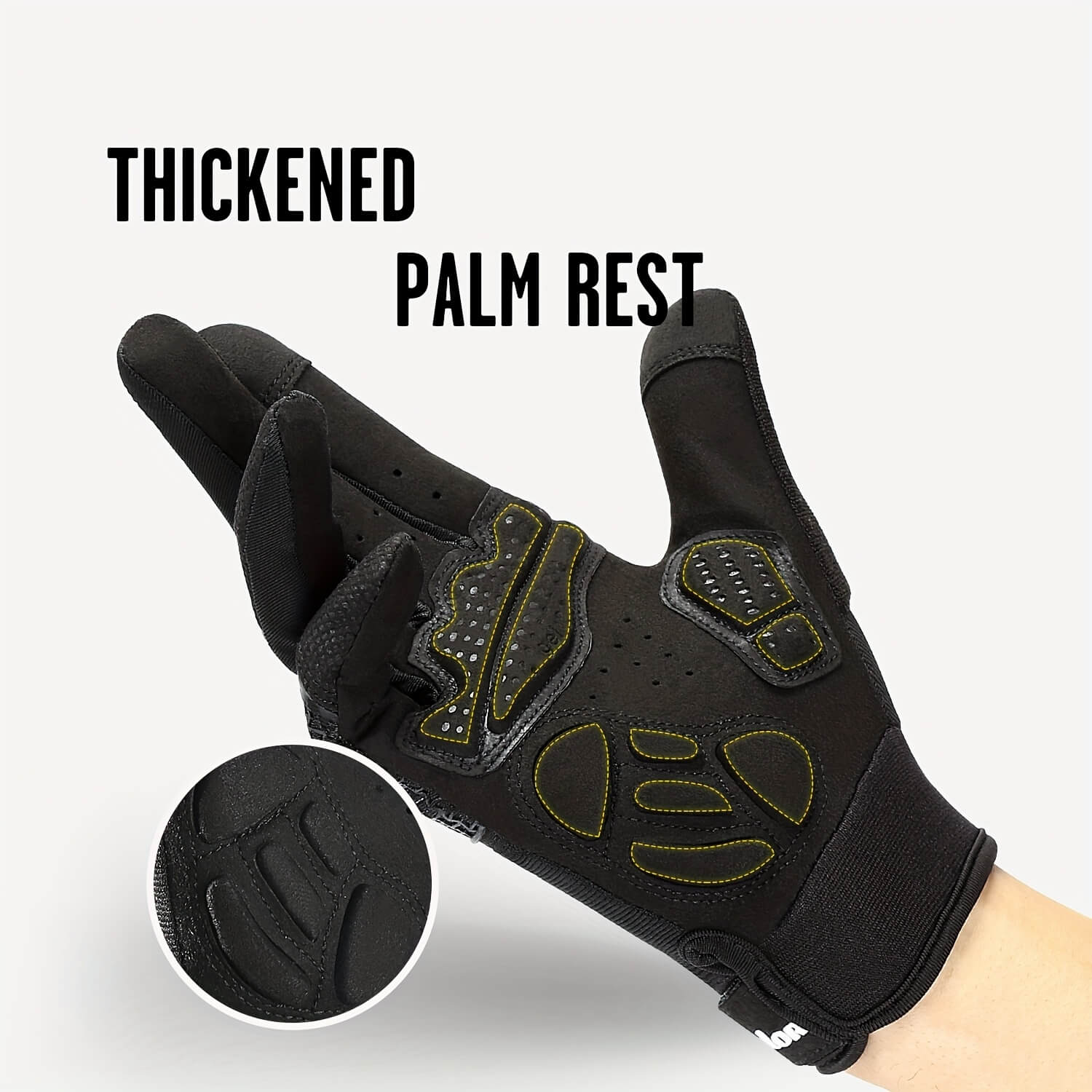 Black full finger workout gloves with thickened palm rest feature on a white background