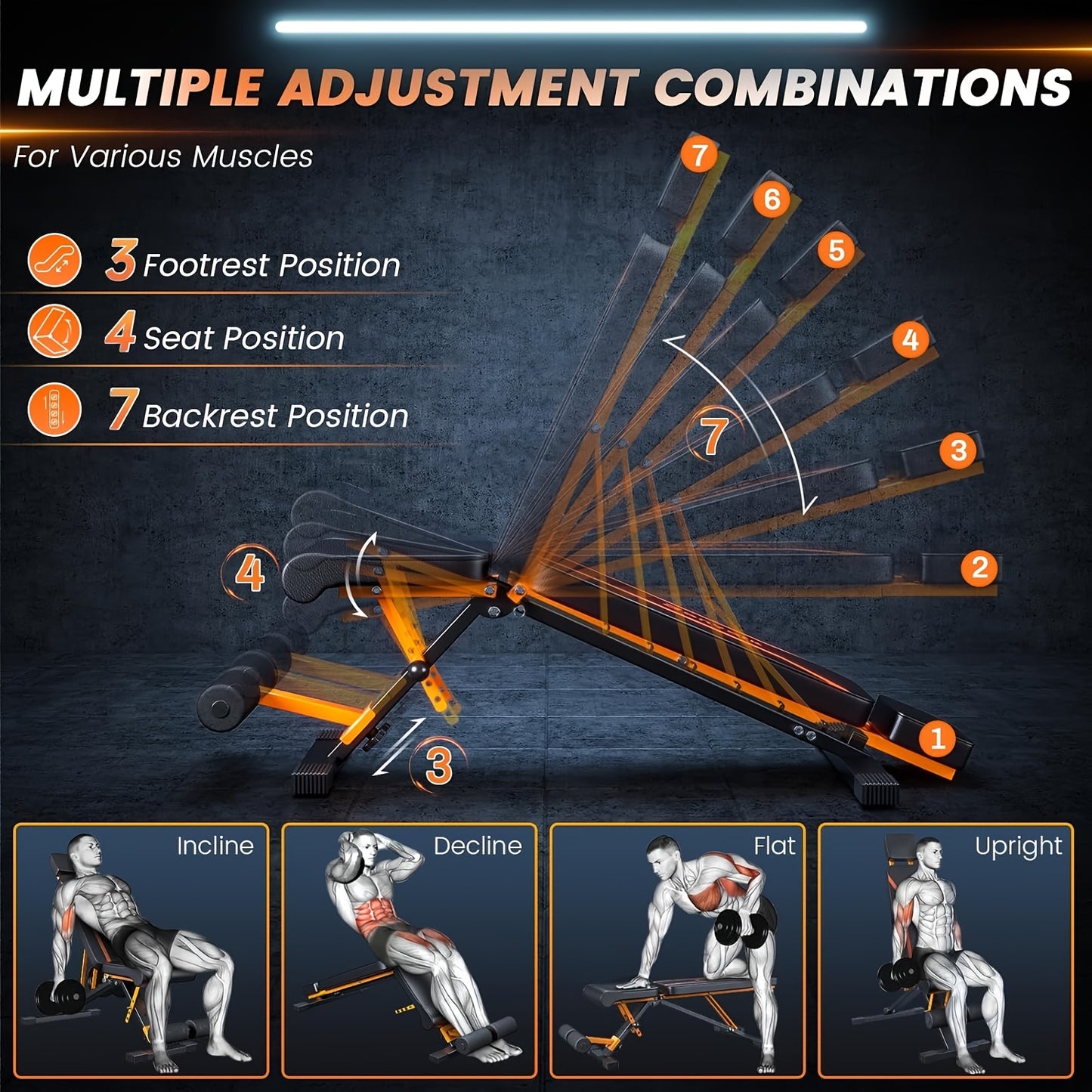 Multifunctional gym bench with adjustable positions and angles on a dark background