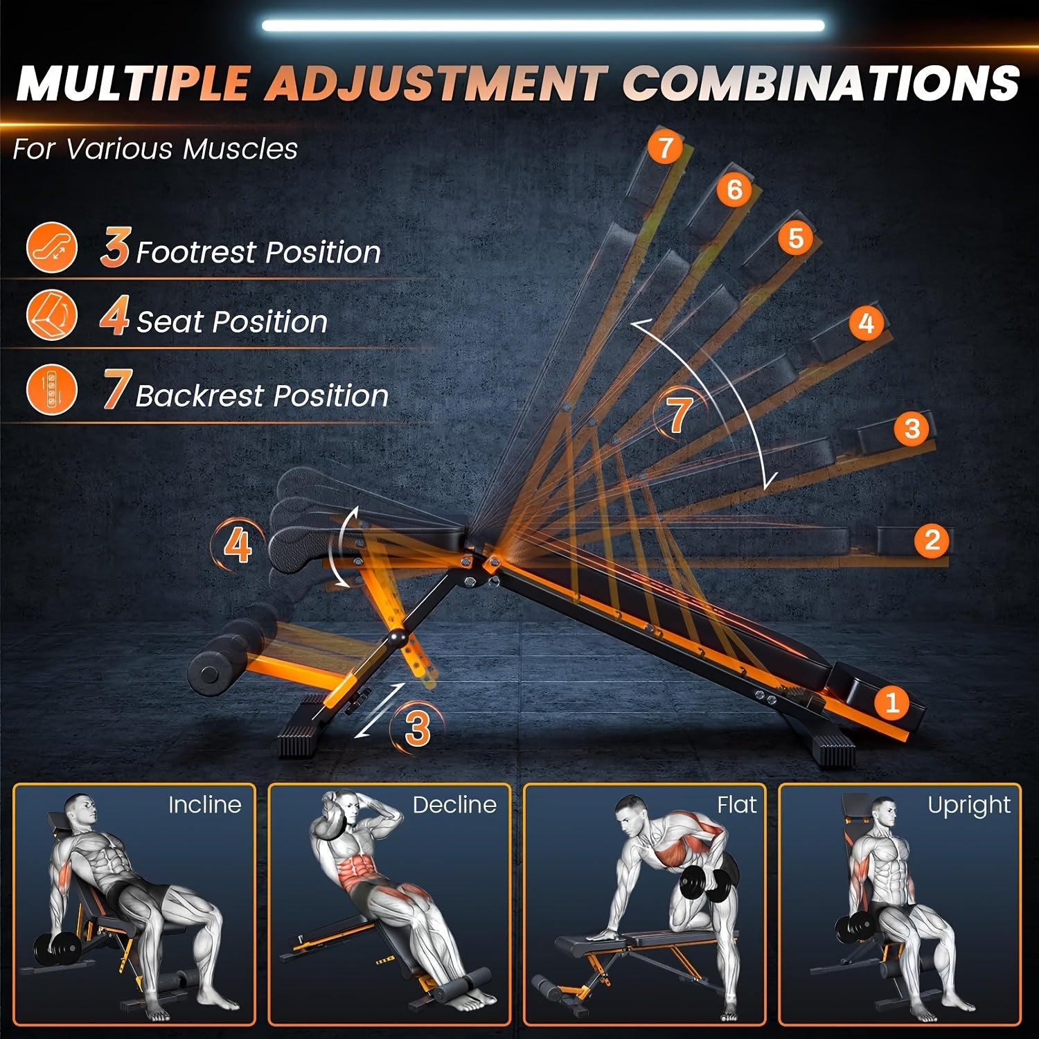 Multifunctional gym bench with adjustable positions and angles on a dark background