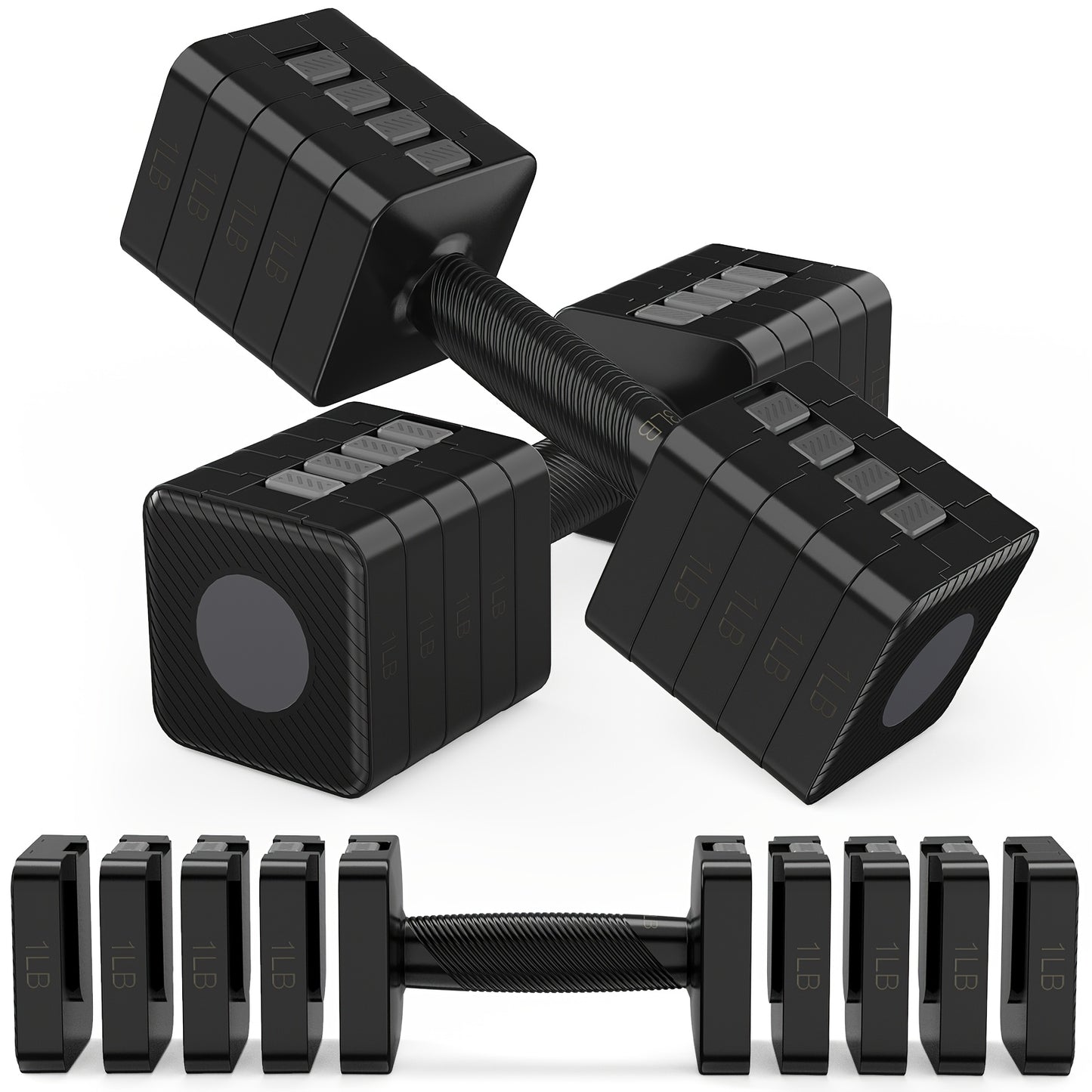 Pair of black adjustable dumbbells on a white background