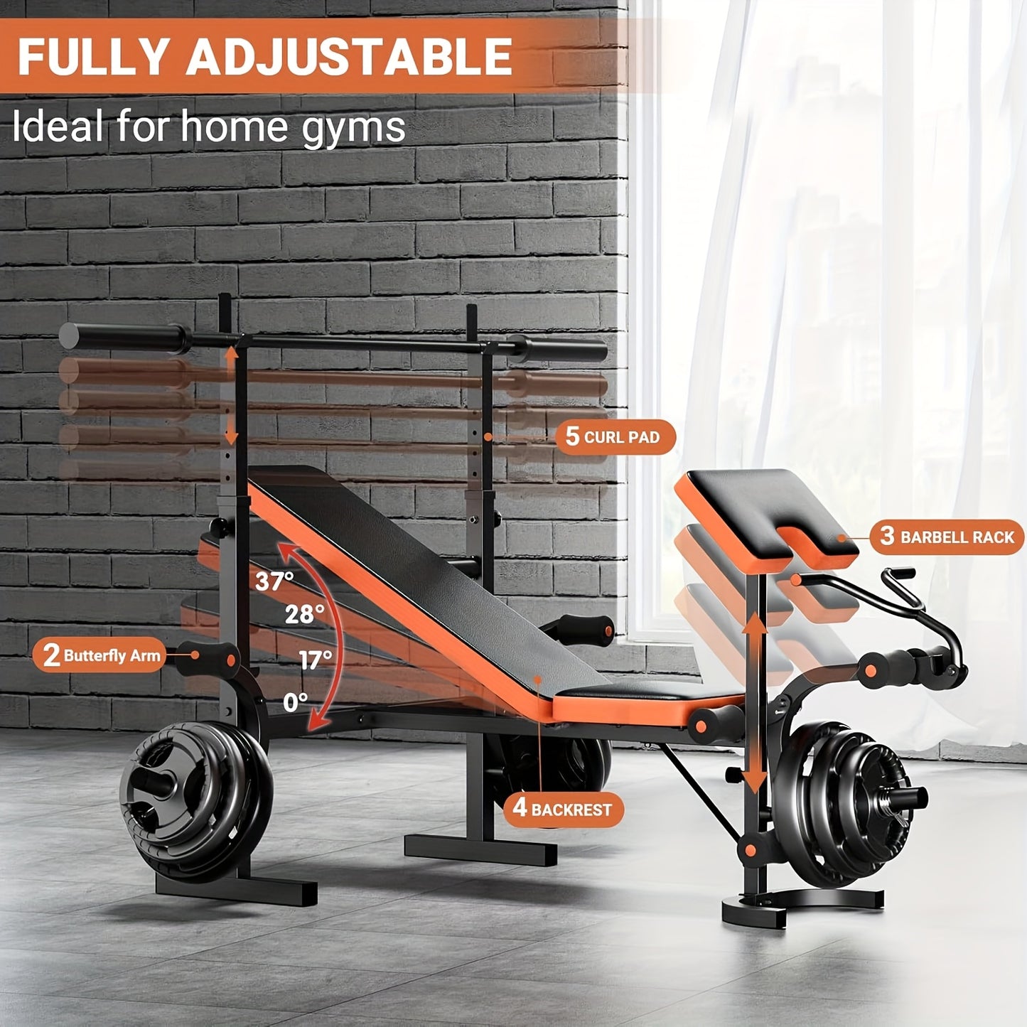 Orange and black adjustable weight bench with adjustable components in a home gym setting.