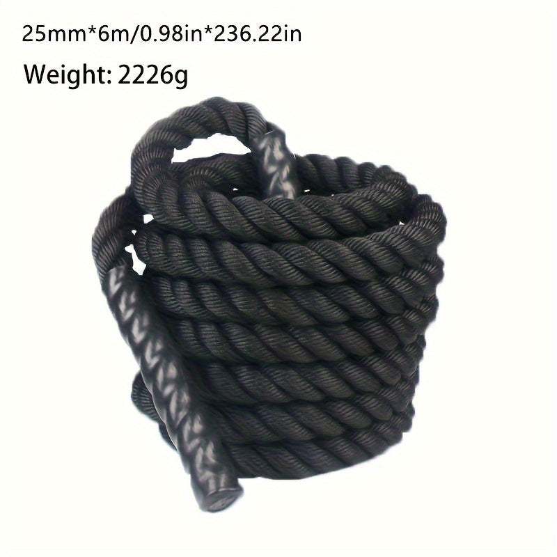 Black exercise battle rope with specifications on a white background