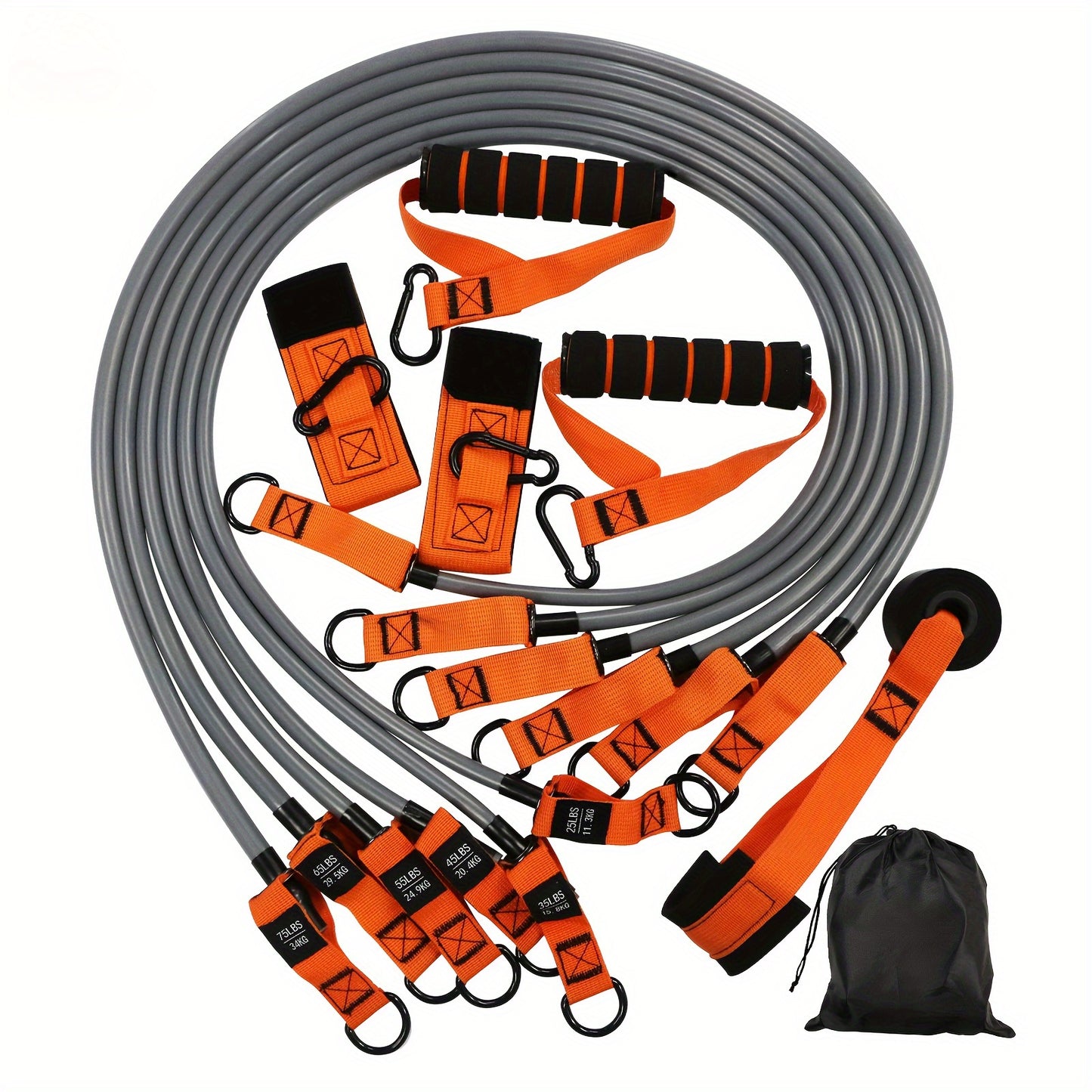 Set of orange resistance bands with gray cable and black drawstring bag on a white background