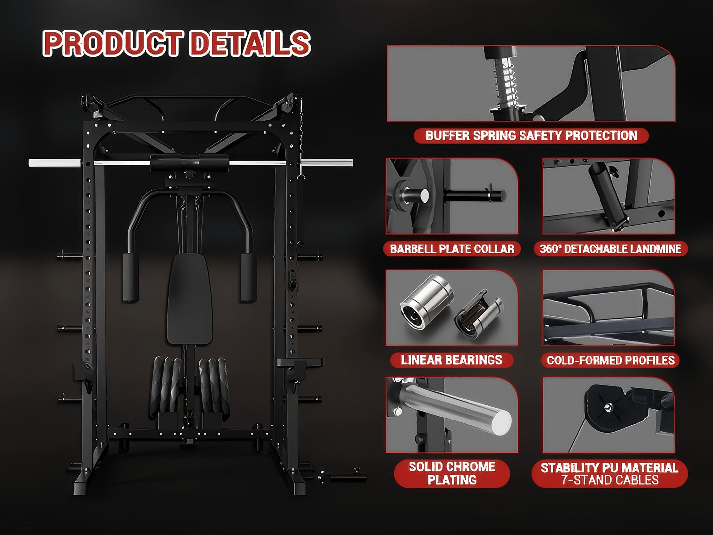 A power rack with feature highlights on a dark background