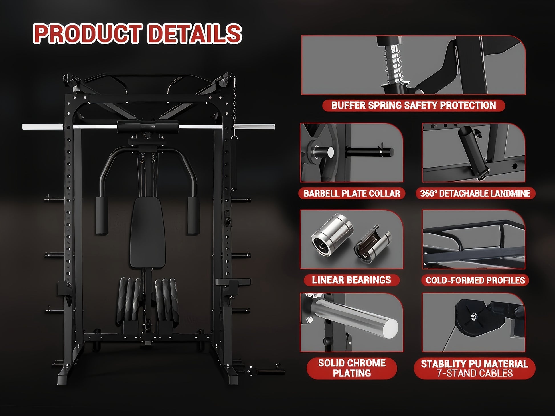 A power rack with feature highlights on a dark background