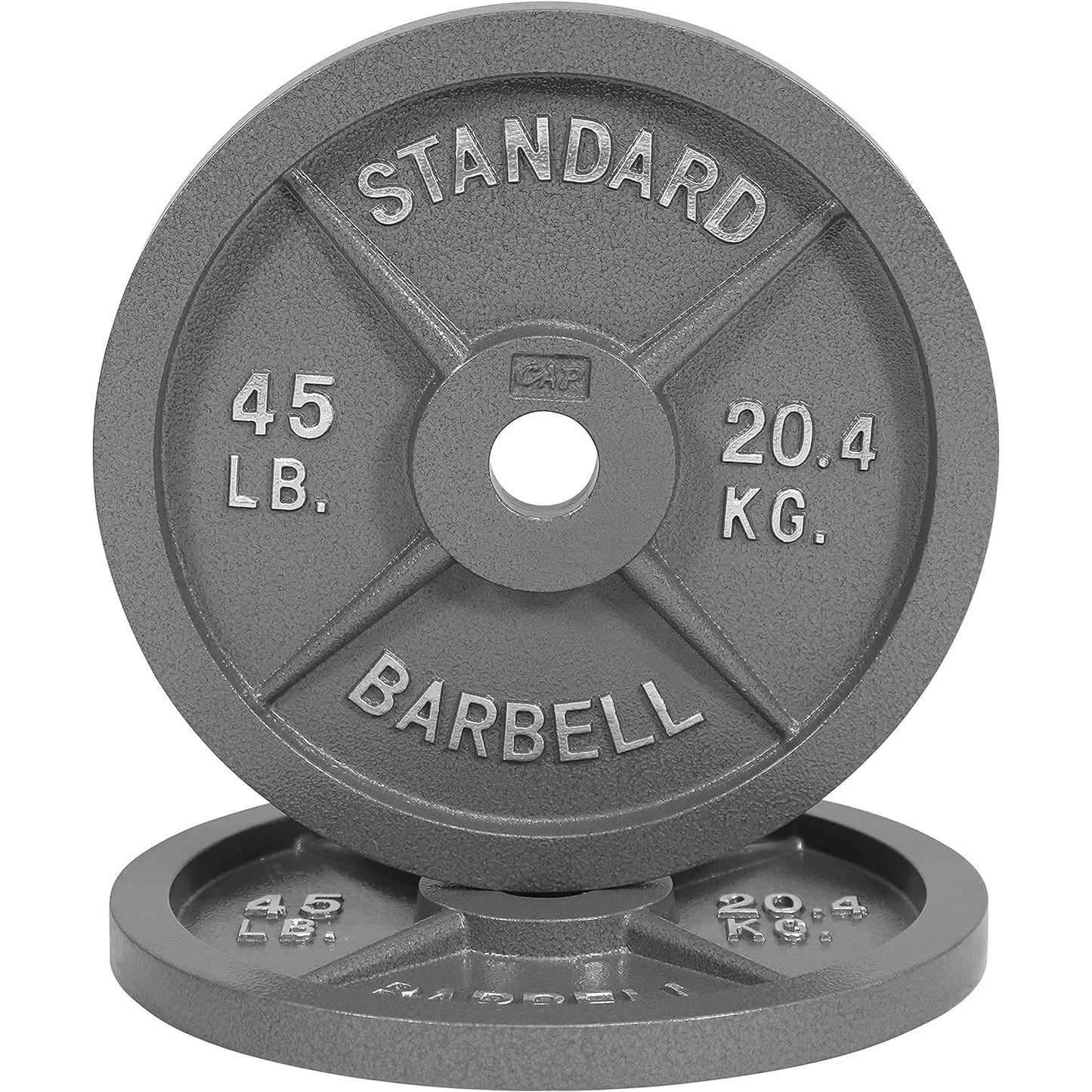 Gray barbell weight plate with 'Standard Barbell' branding on a white background
