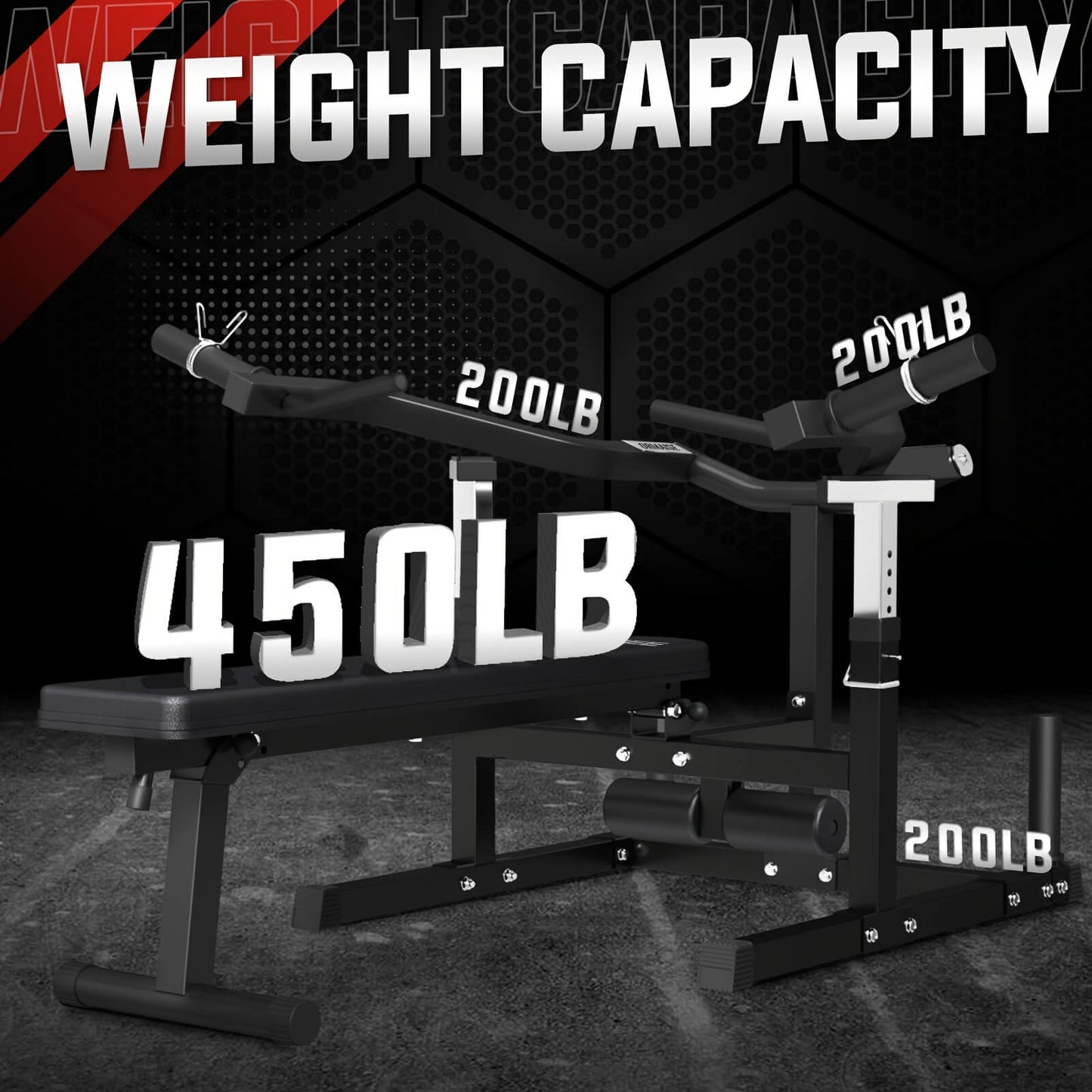 Chest press machine with weight capacity markings on a dark background