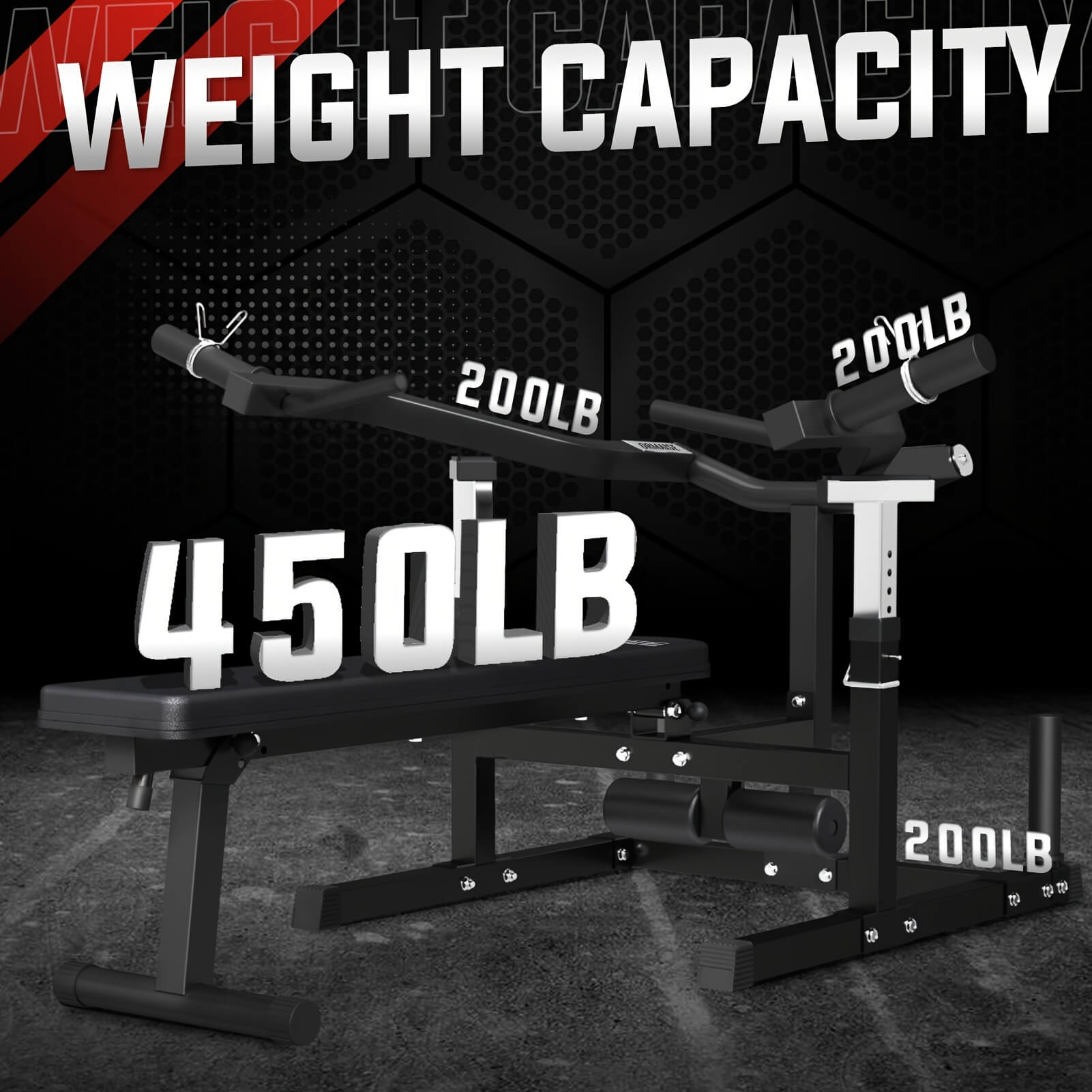 Chest press machine with weight capacity markings on a dark background