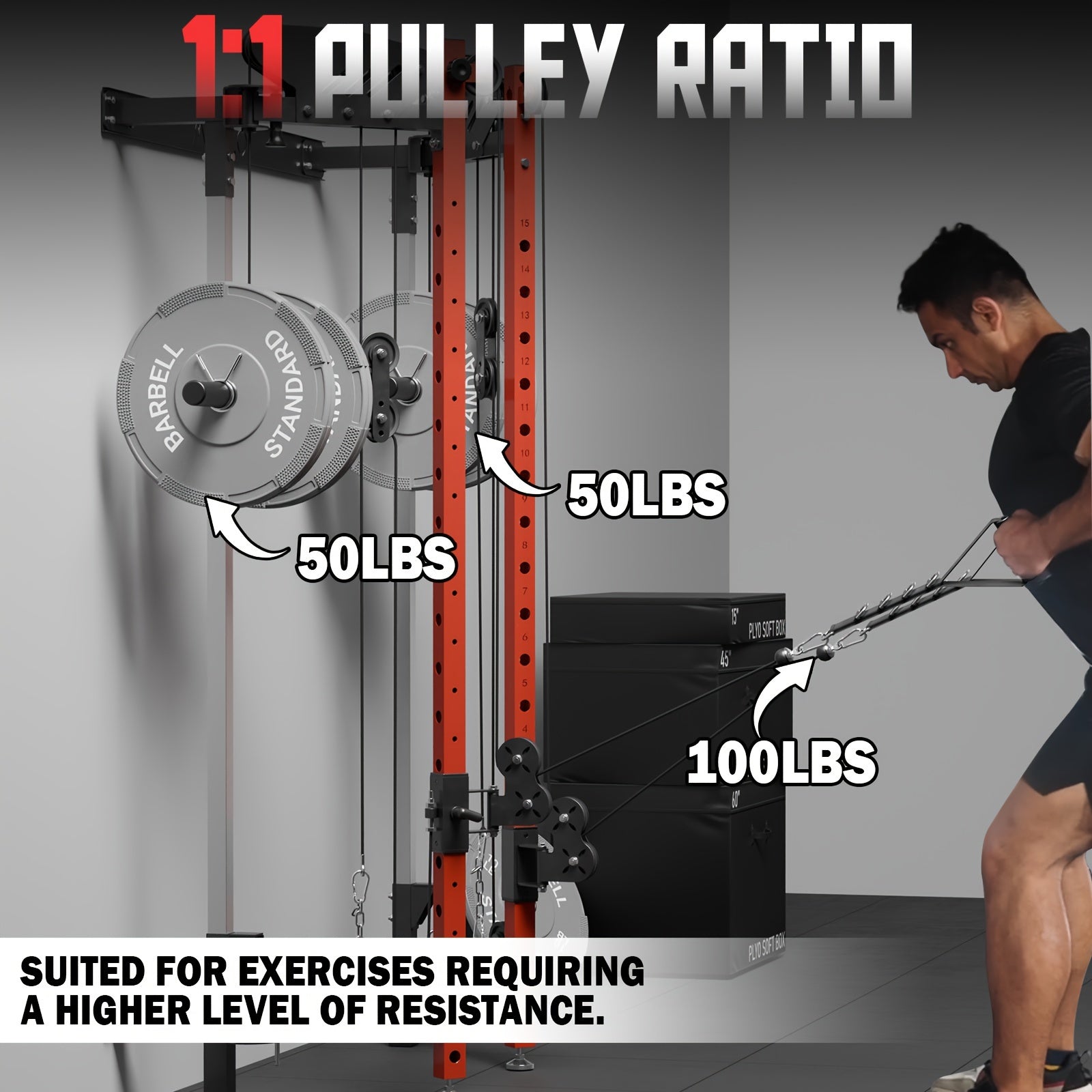 Folding power cage with pulley system and labeled weights, featuring a person using it.