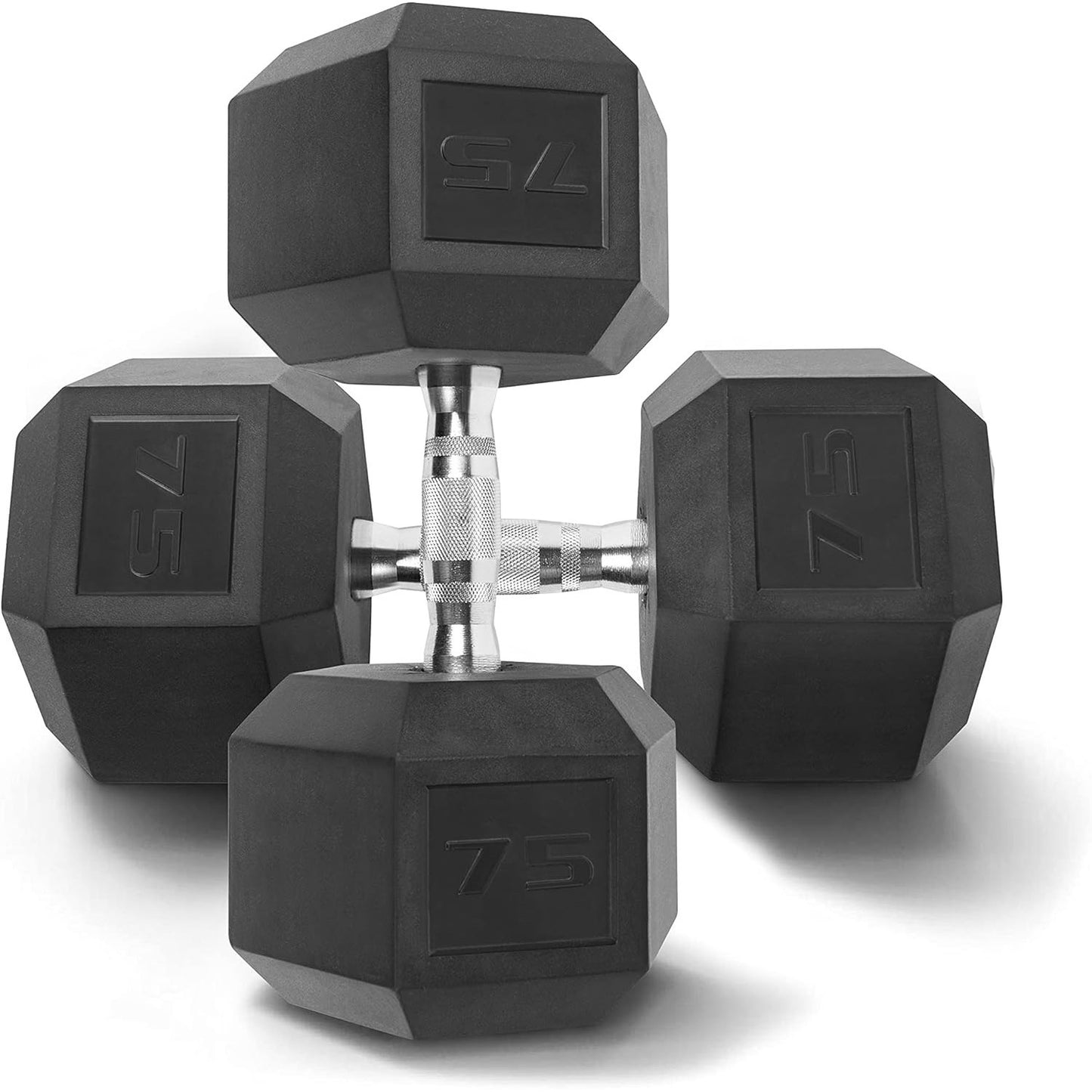 Set of black hexagonal dumbbells with a brand logo on a white background