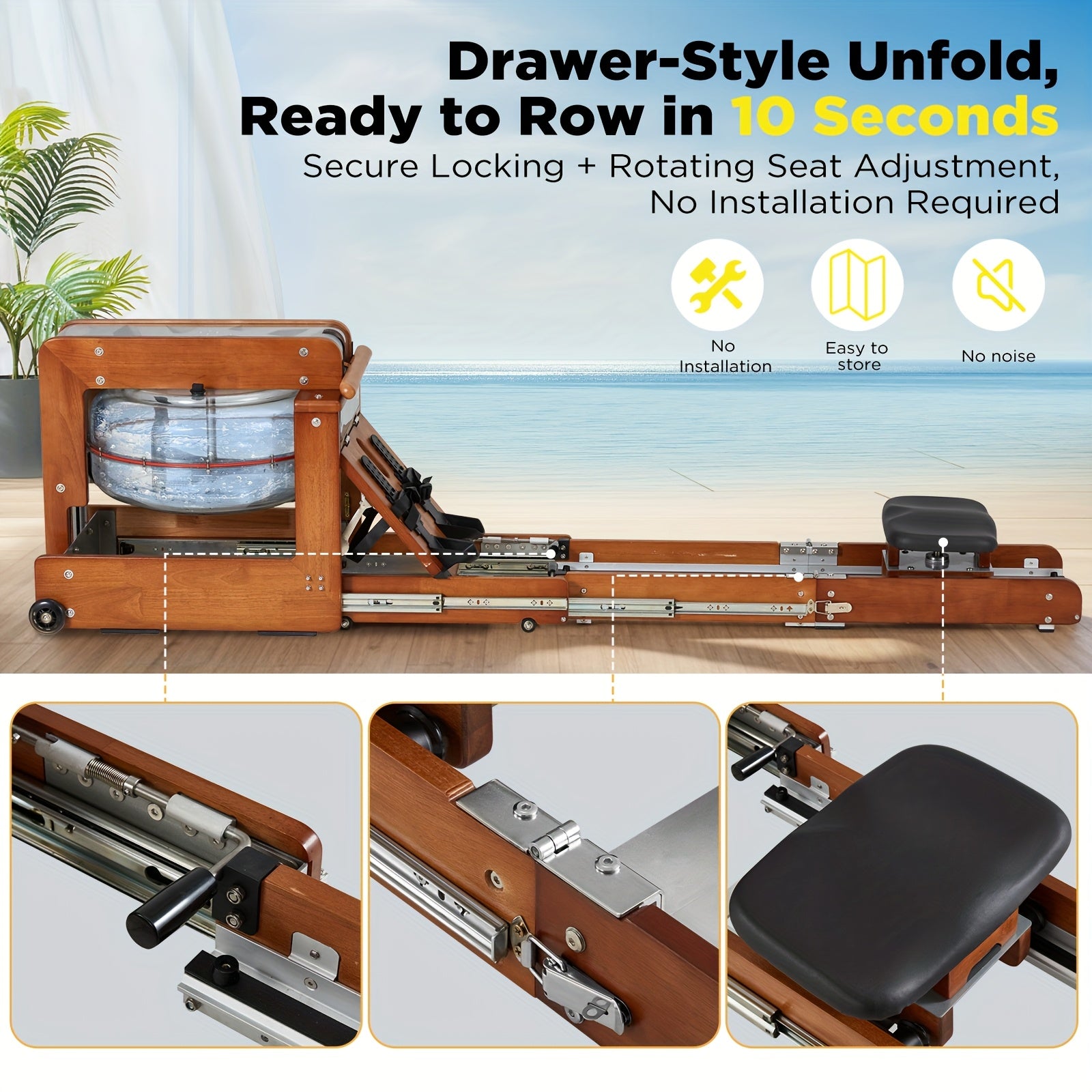 Wooden rowing machine with features highlighted on a blurred background