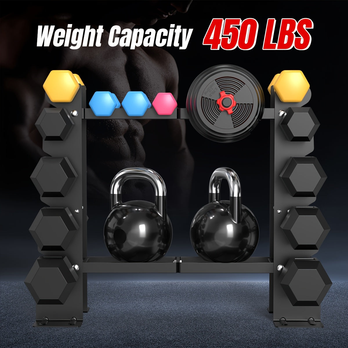 Weightlifting setup with kettlebells and weight plates on a black background, featuring a weight capacity of 450 lbs.