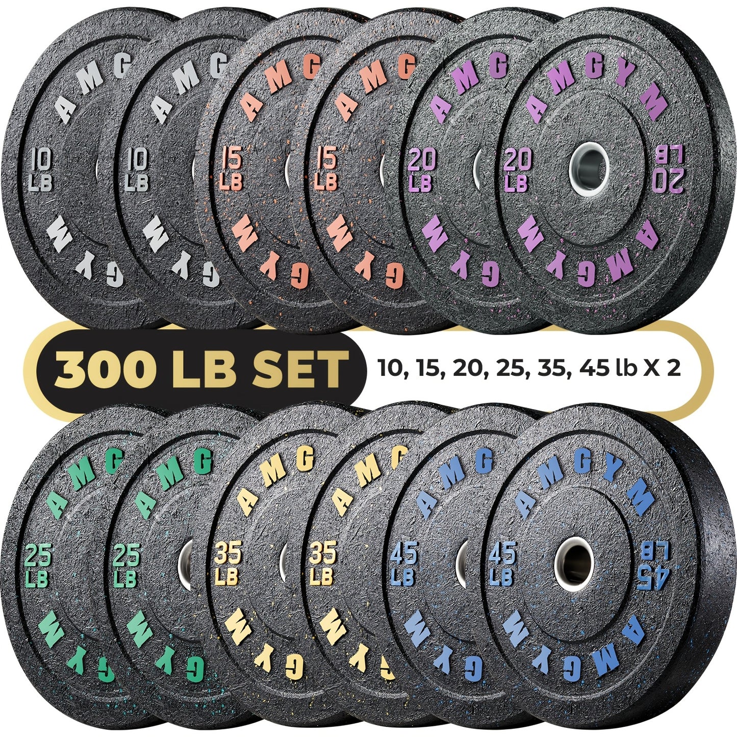 Set of bumper plates with colorful lettering on a black background