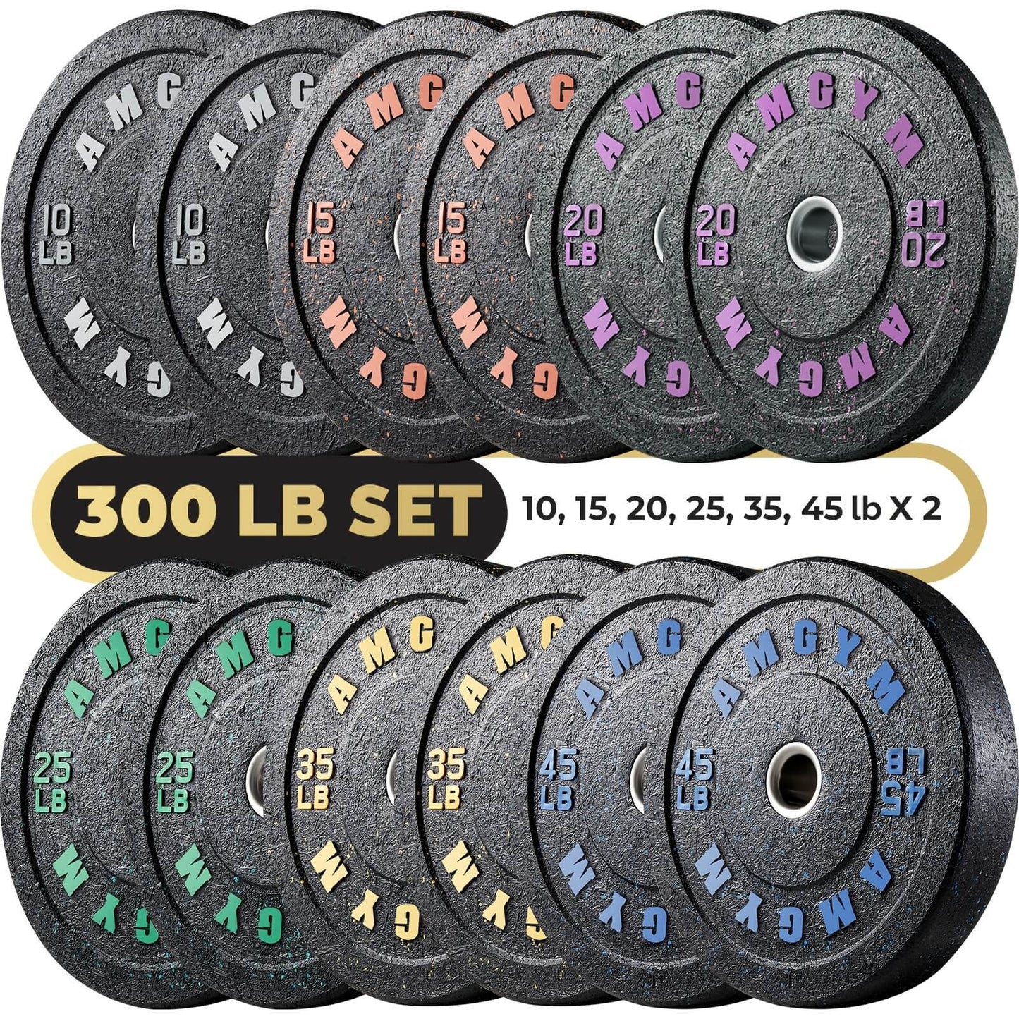 Set of bumper plates with colorful lettering on a black background