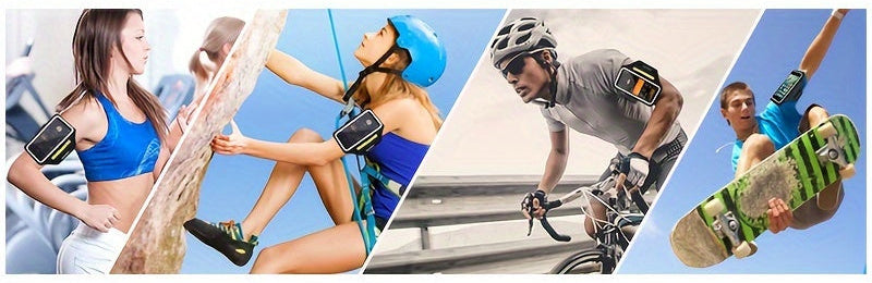 Collage of people using phone holder for running​ in various activities on a white background