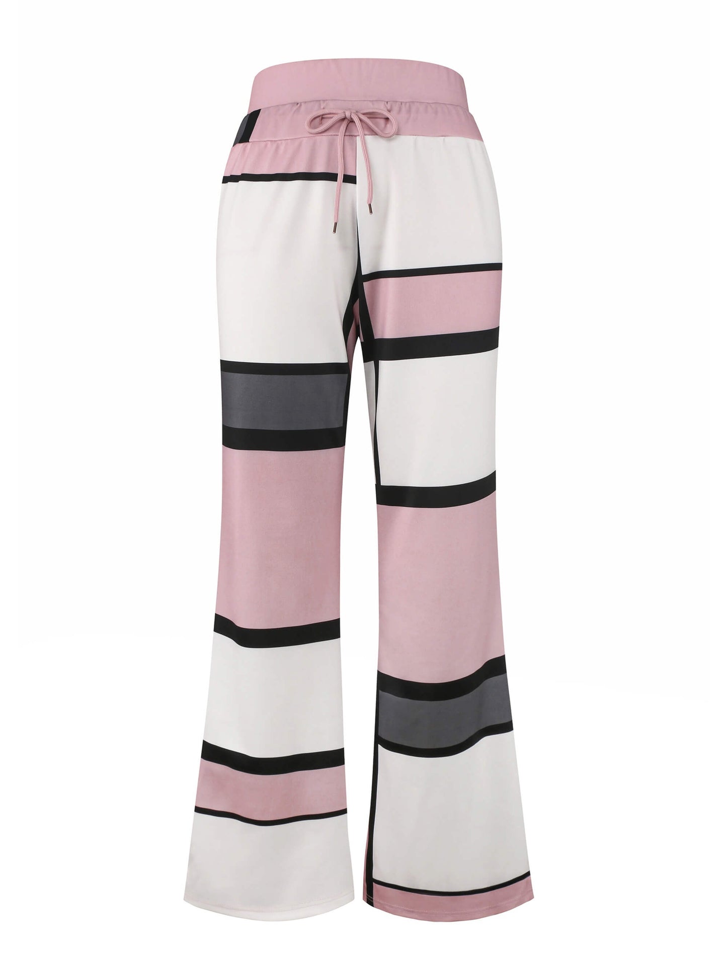 Wide-leg pants with horizontal stripes in pink, black, and white on a white background