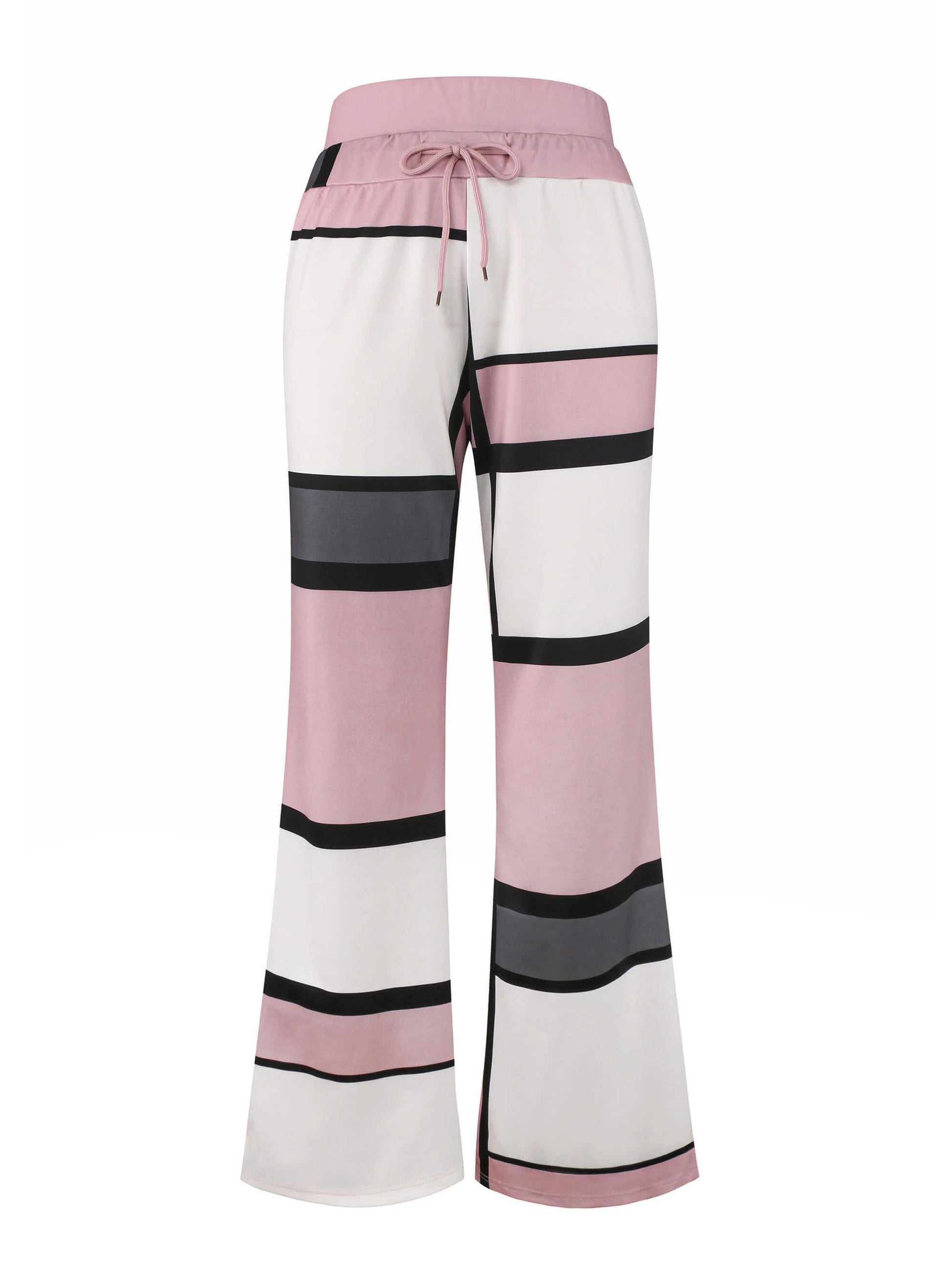 Wide-leg pants with horizontal stripes in pink, black, and white on a white background