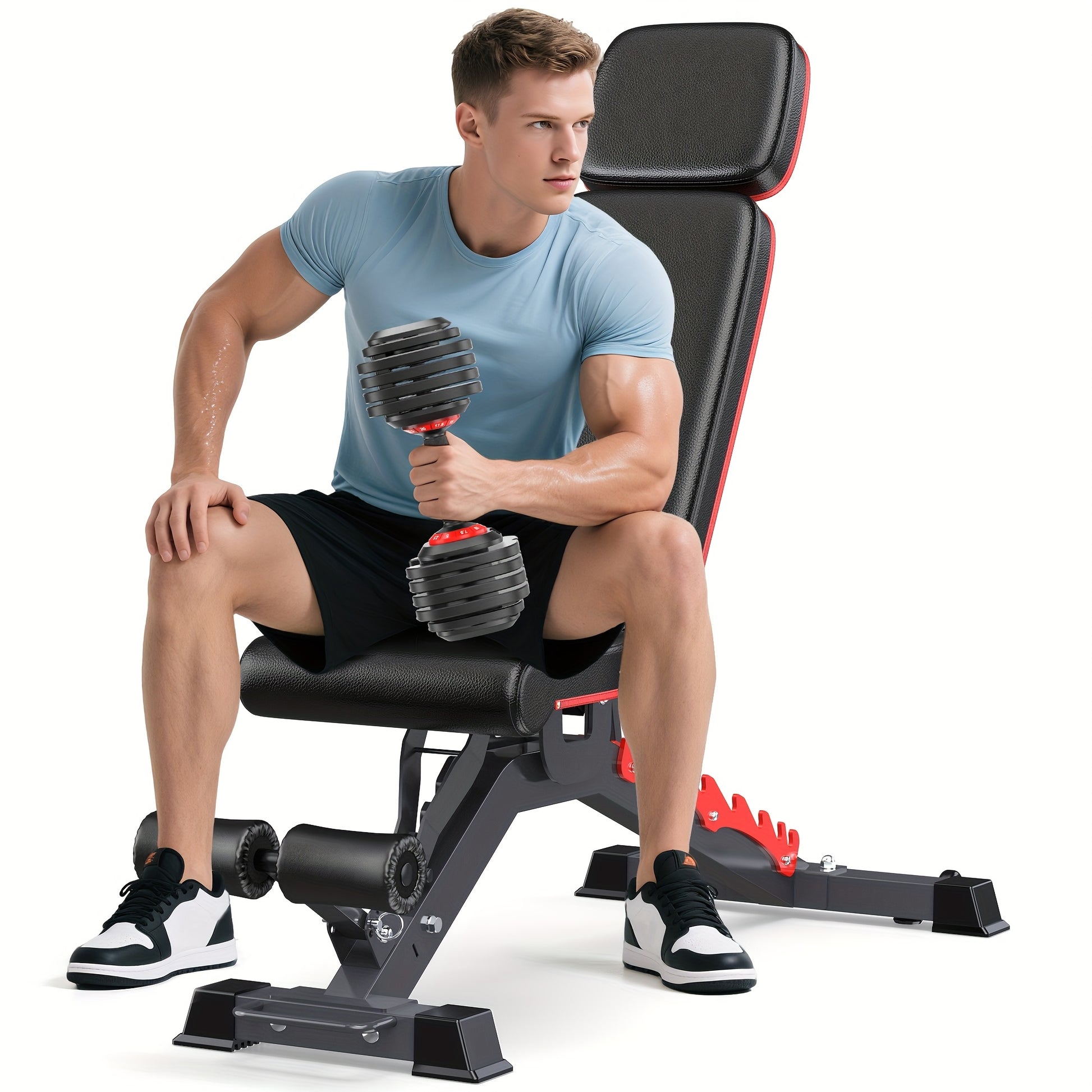 Man exercising with dumbbells on a adjustable workout weight bench against a white background