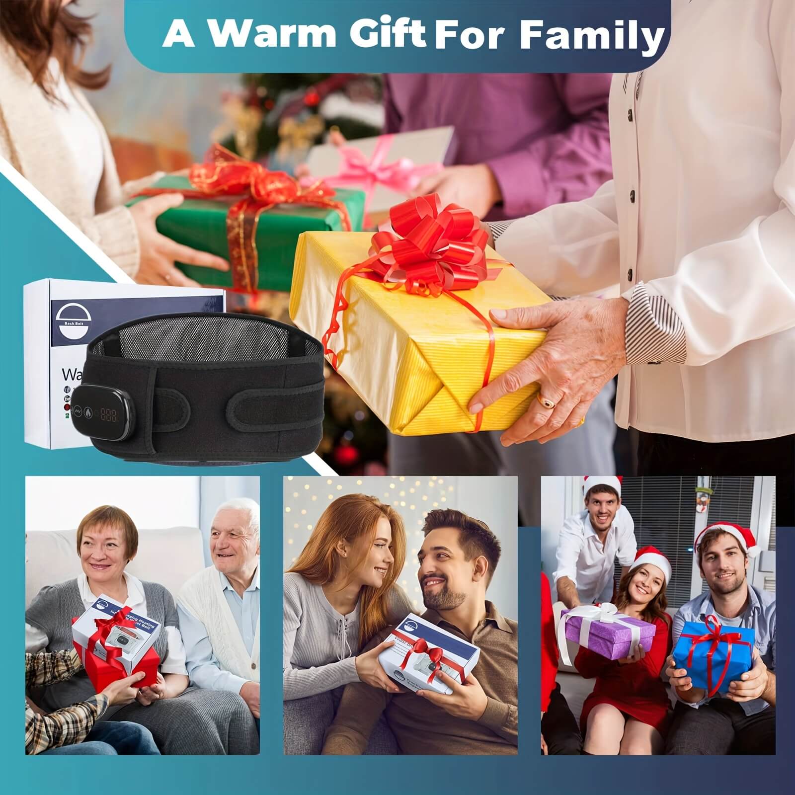 Collage of people exchanging gifts with a focus on a warm gift for family, including a image of a muscle stimulator machine.