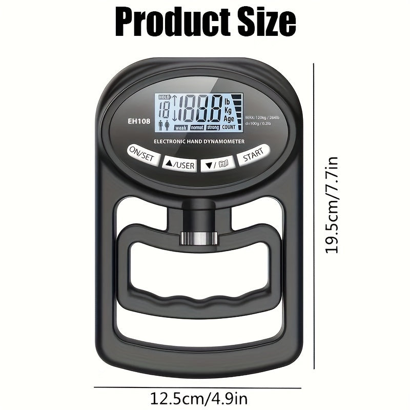 Black Hand Grip Strength Dynamometer with digital display and measurement details on a white background