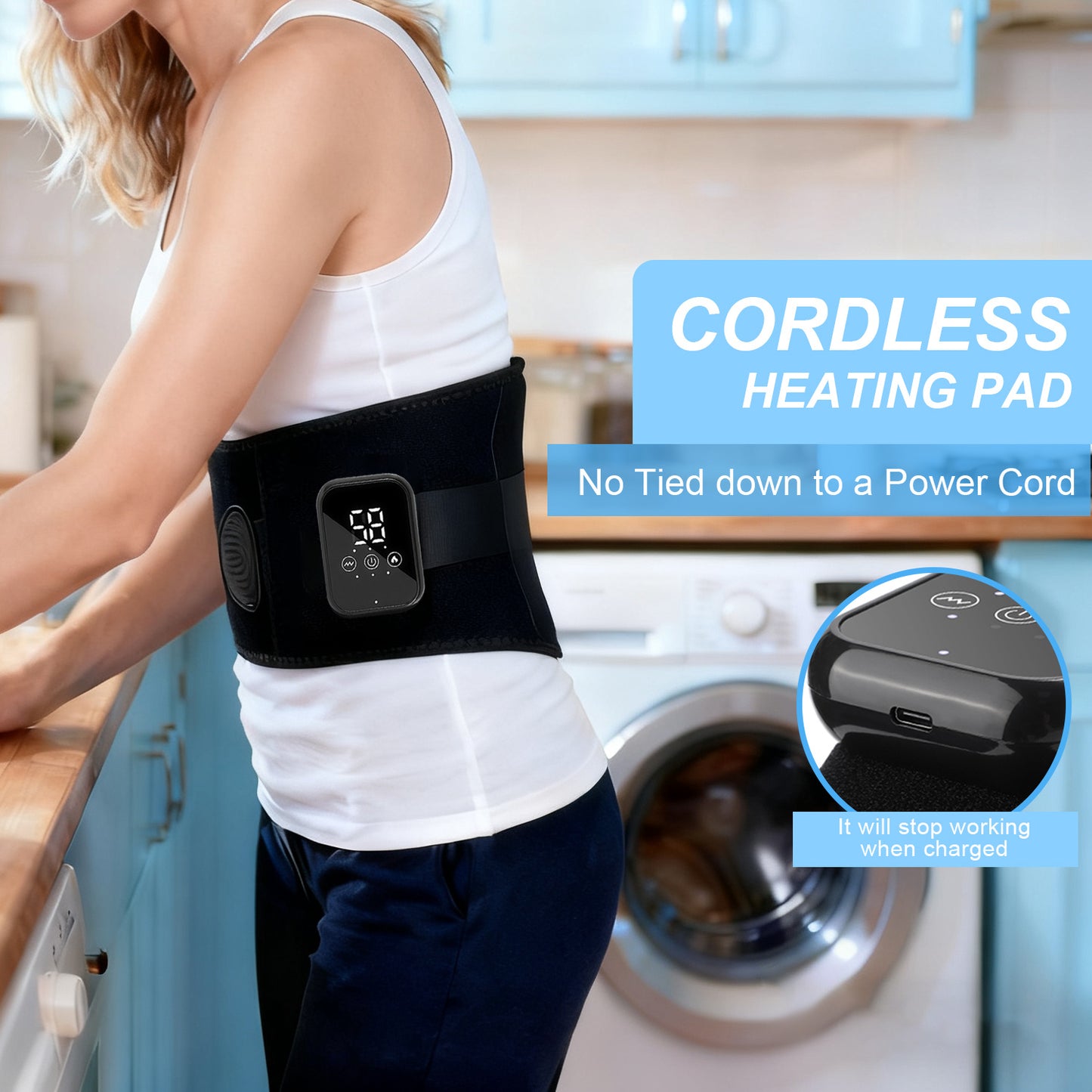 Person wearing a vibrating back massager with digital display in a kitchen setting.