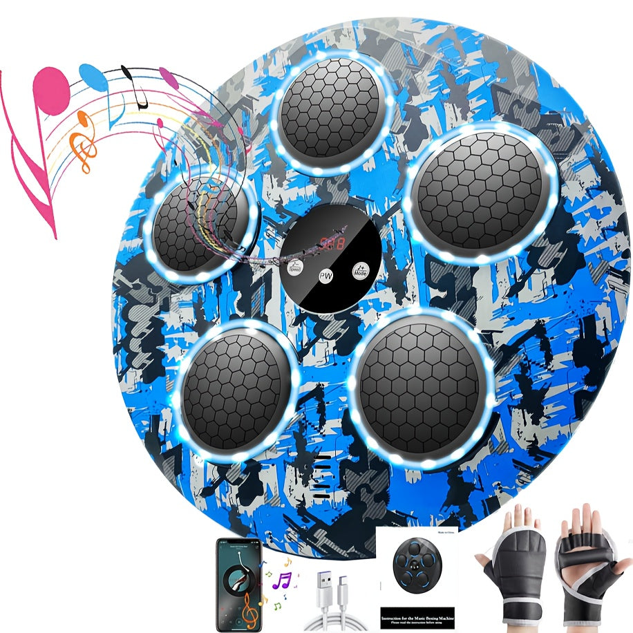Blue camouflage boxing music machine with additional accessories on a white background