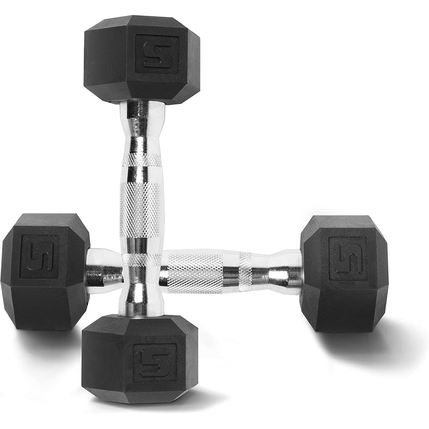 Pair of hexagonal dumbbells with black rubber coating on a white background